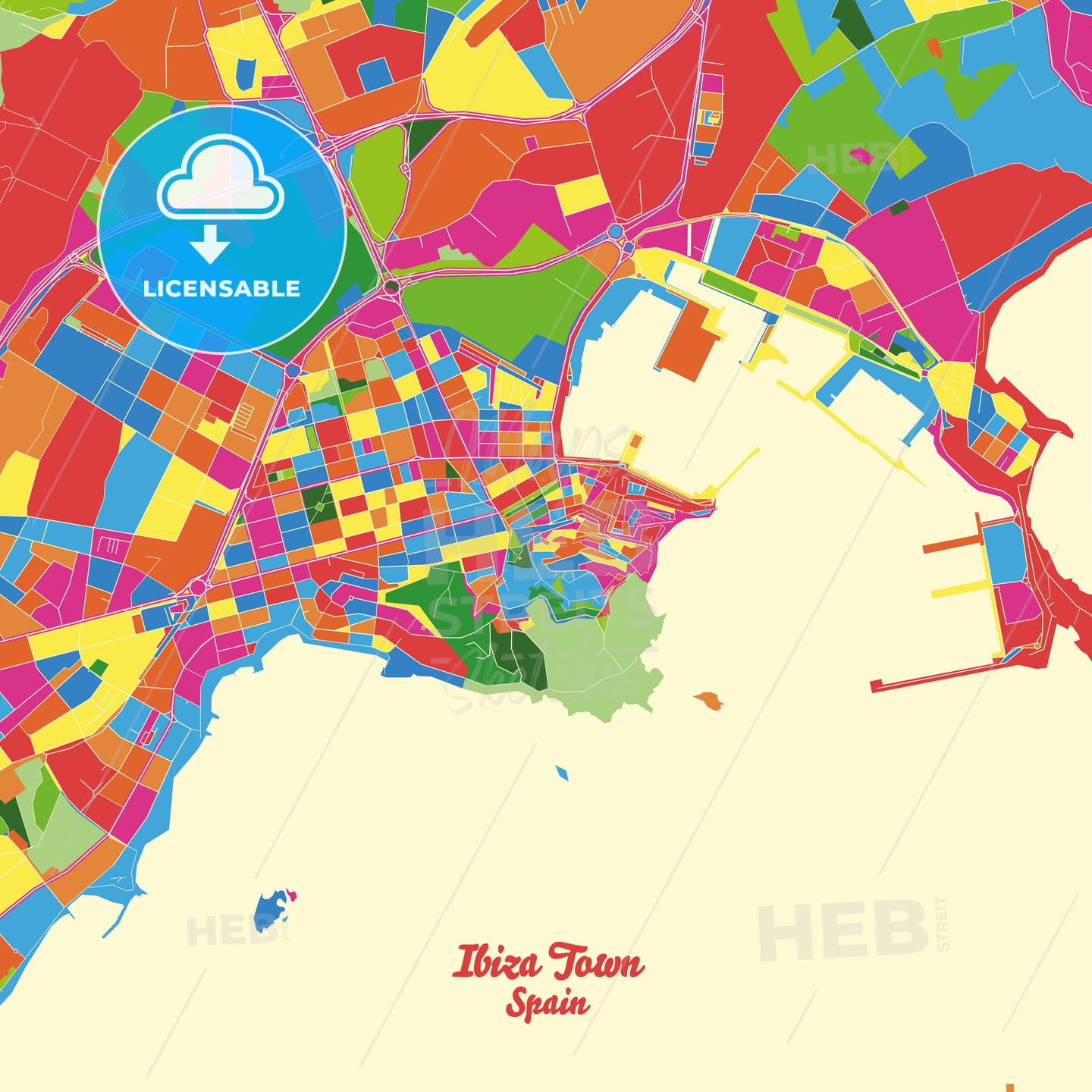 Ibiza Town, Spain Crazy Colorful Street Map Poster Template - HEBSTREITS Sketches