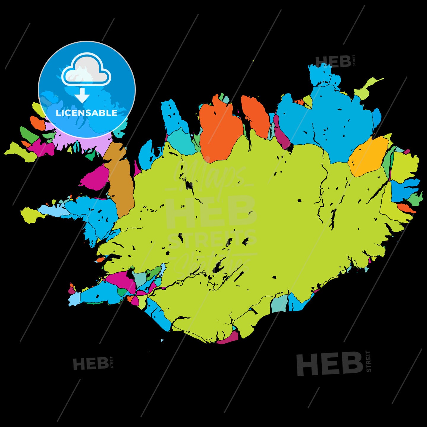 Iceland Island Colorful Vector Map on Black