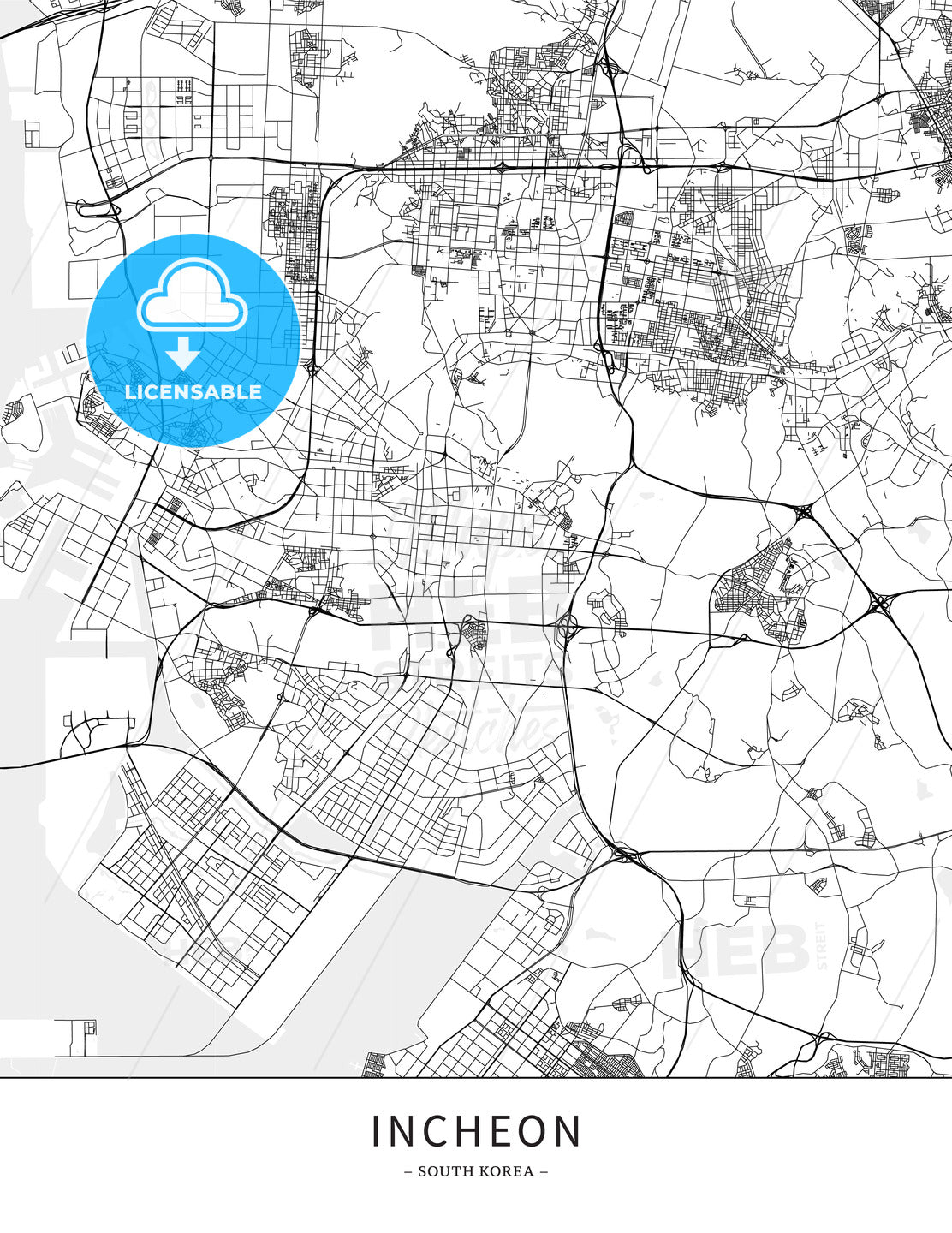 Incheon, Korea, South, Map poster borderless print template - HEBSTREITS