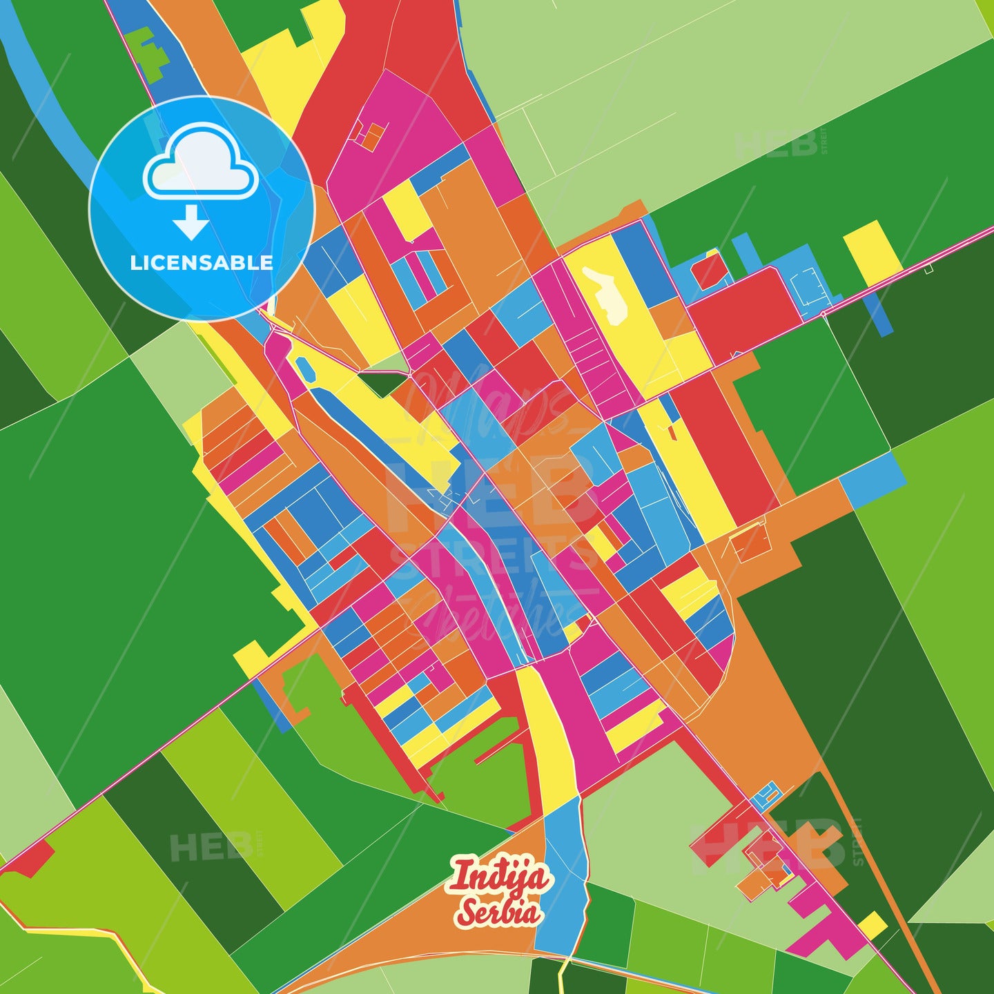 Inđija, Serbia Crazy Colorful Street Map Poster Template - HEBSTREITS Sketches