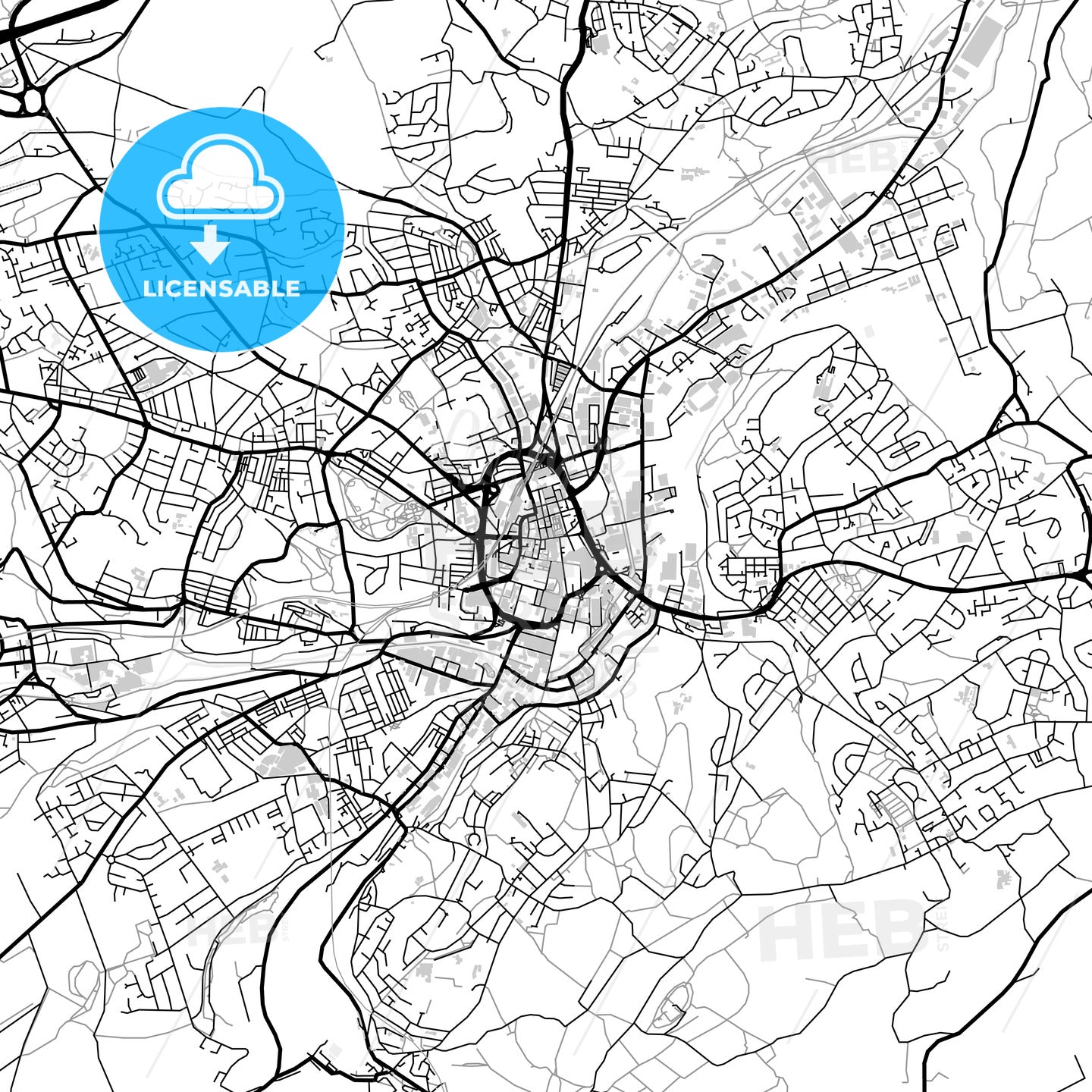 Downtown map of Huddersfield, light