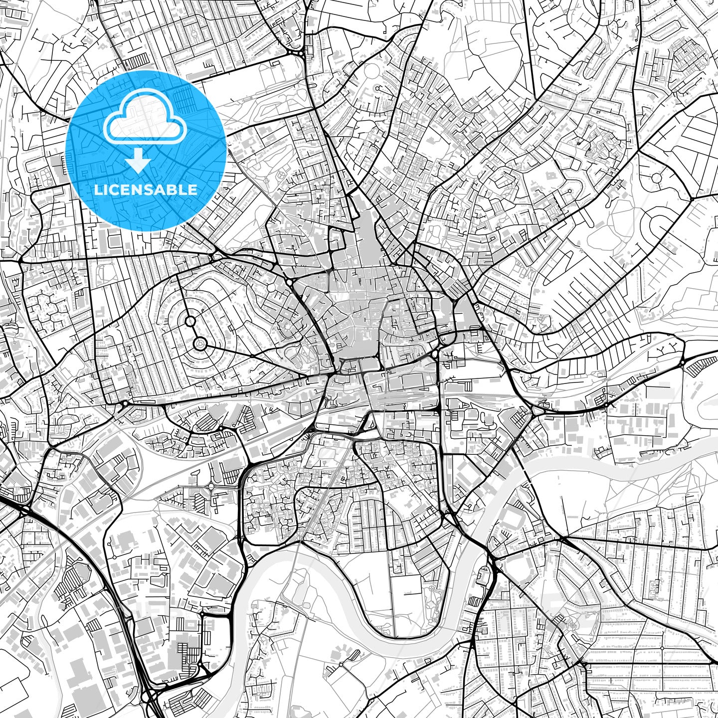 Downtown map of Nottingham, light