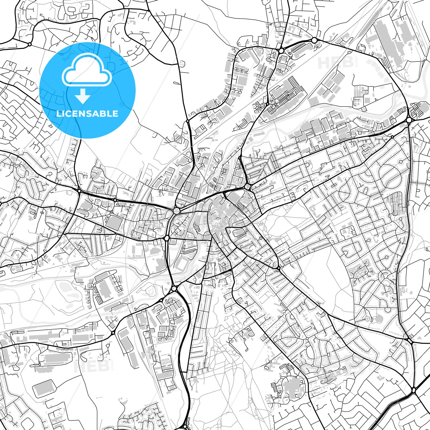 Downtown map of Rotherham, light