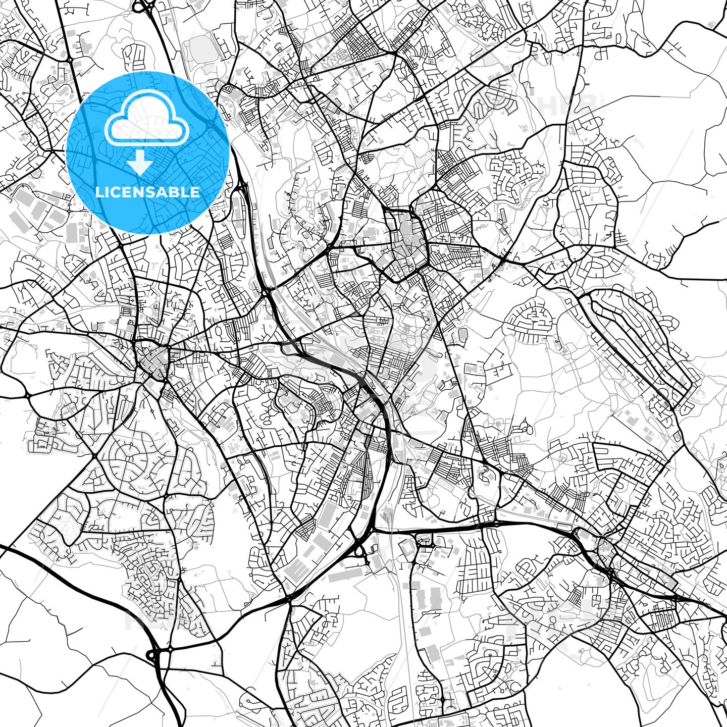 Downtown map of Stoke-on-Trent, light