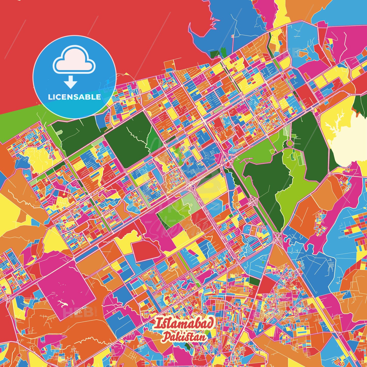 Islamabad, Pakistan Crazy Colorful Street Map Poster Template - HEBSTREITS Sketches