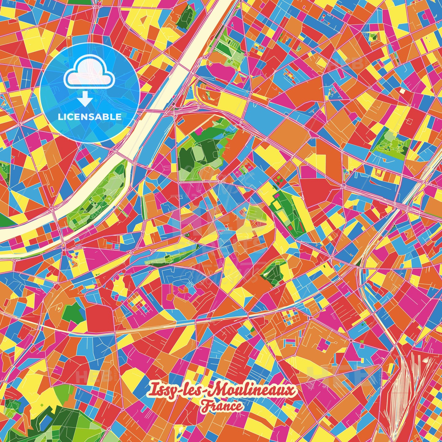 Issy-les-Moulineaux, France Crazy Colorful Street Map Poster Template - HEBSTREITS Sketches
