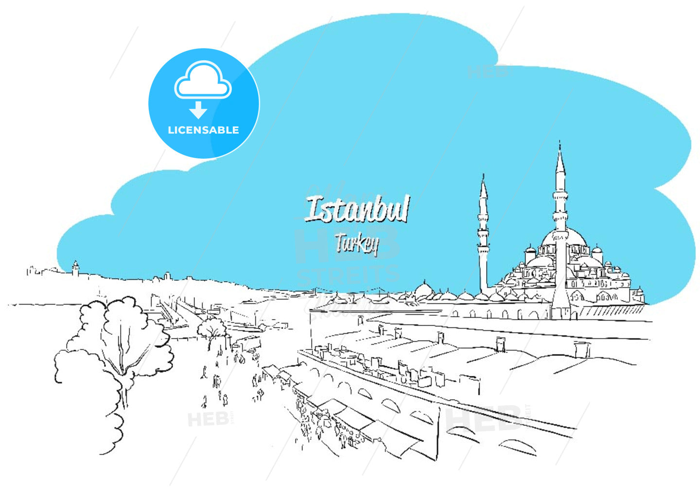 Istanbul Skyline Panorama sketched Greeting Card – instant download