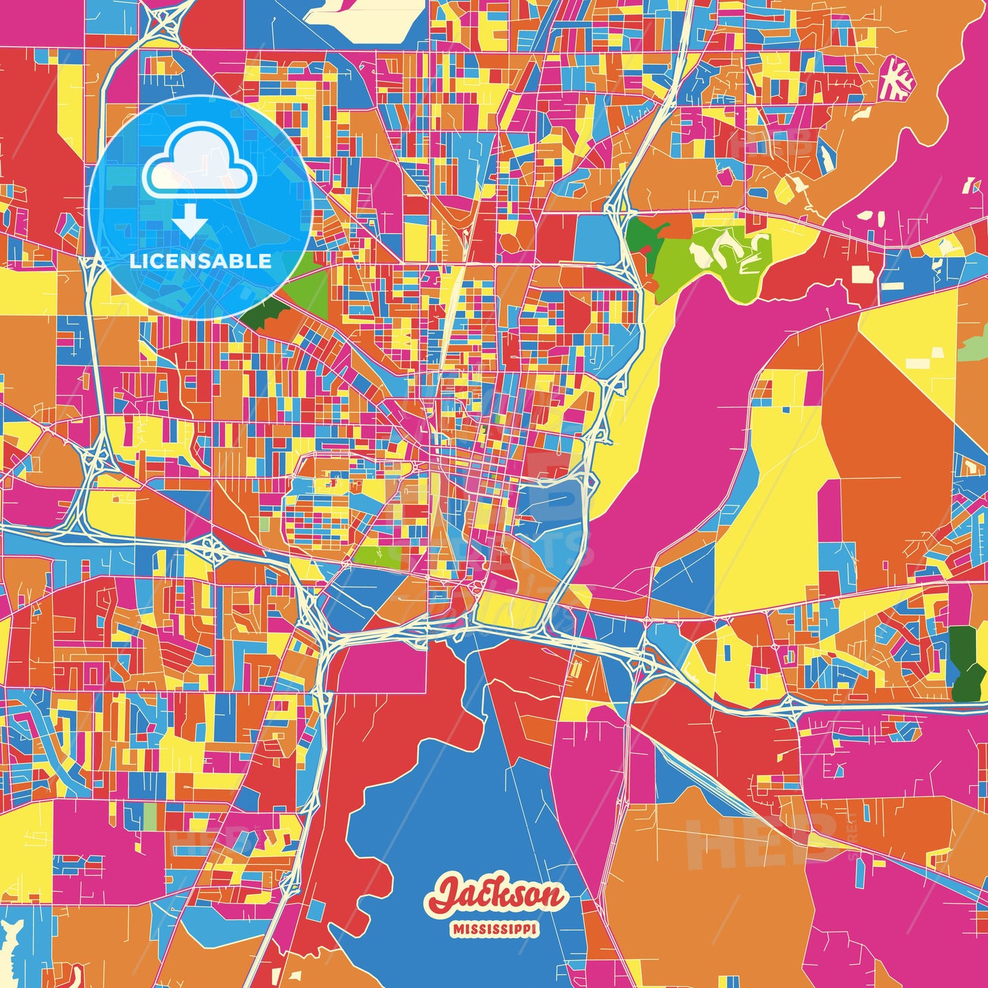 Jackson, United States Crazy Colorful Street Map Poster Template - HEBSTREITS Sketches