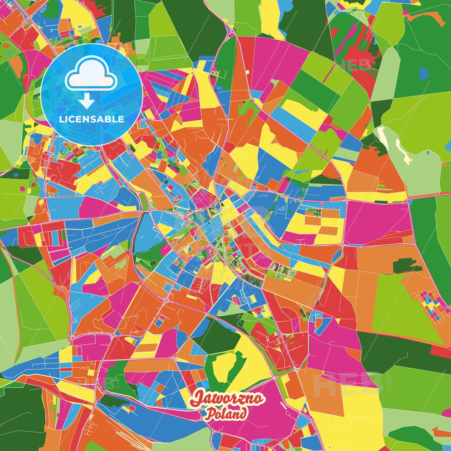 Jaworzno, Poland Crazy Colorful Street Map Poster Template - HEBSTREITS Sketches