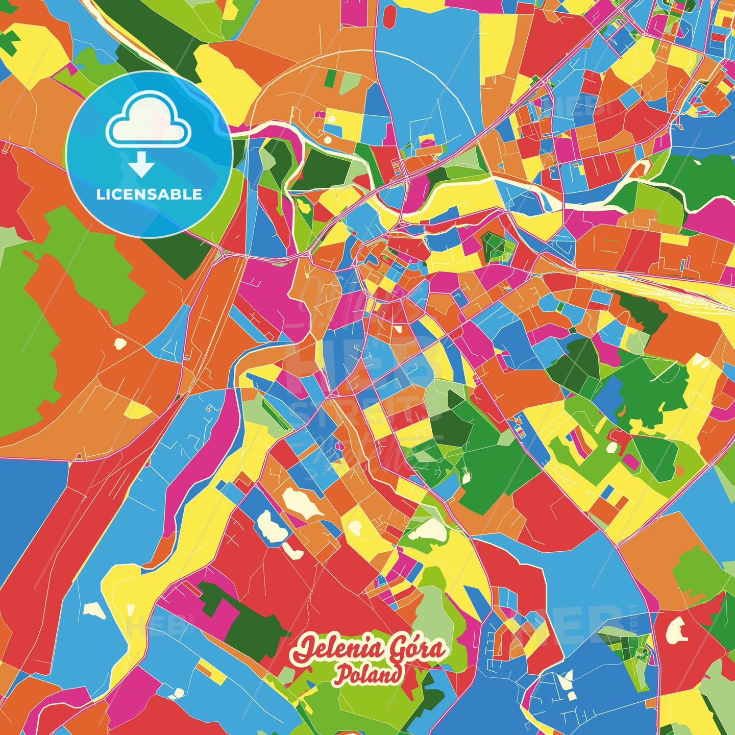 Jelenia Góra, Poland Crazy Colorful Street Map Poster Template - HEBSTREITS Sketches