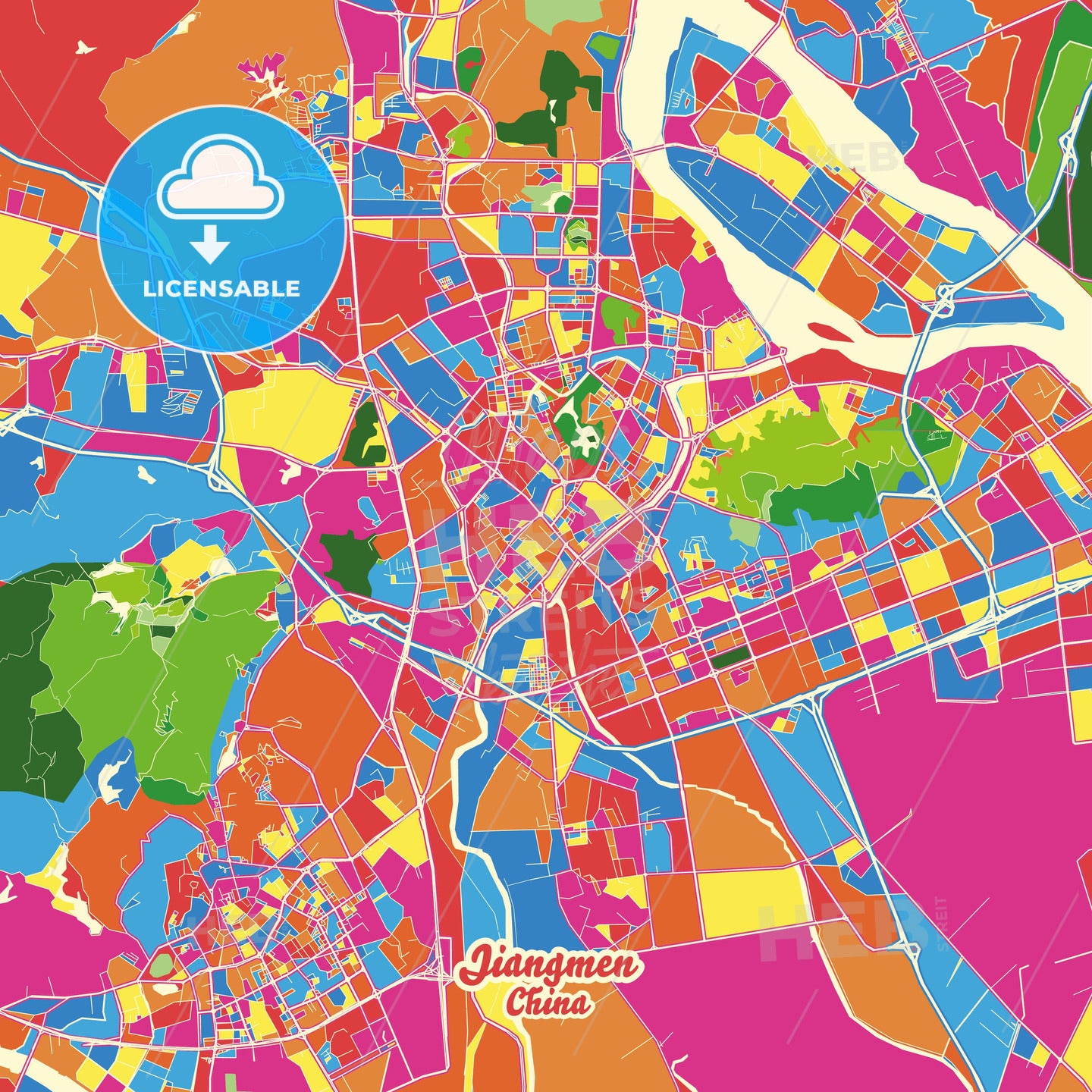 Jiangmen, China Crazy Colorful Street Map Poster Template - HEBSTREITS Sketches