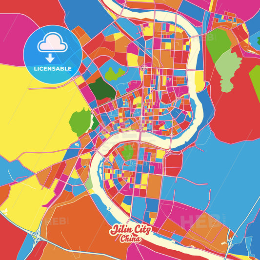 Jilin City, China Crazy Colorful Street Map Poster Template - HEBSTREITS Sketches