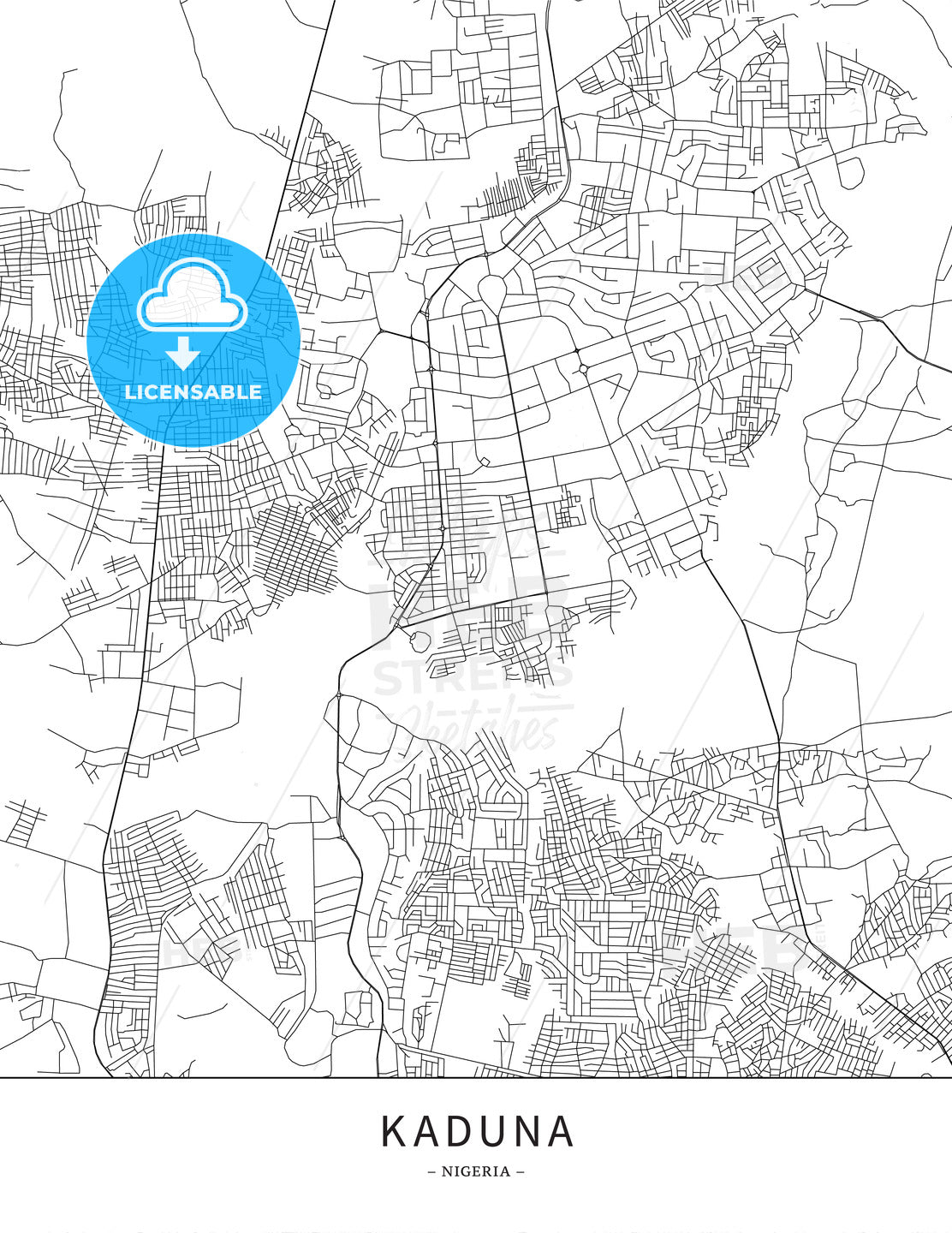 Kaduna, Nigeria, Map poster borderless print template - HEBSTREITS