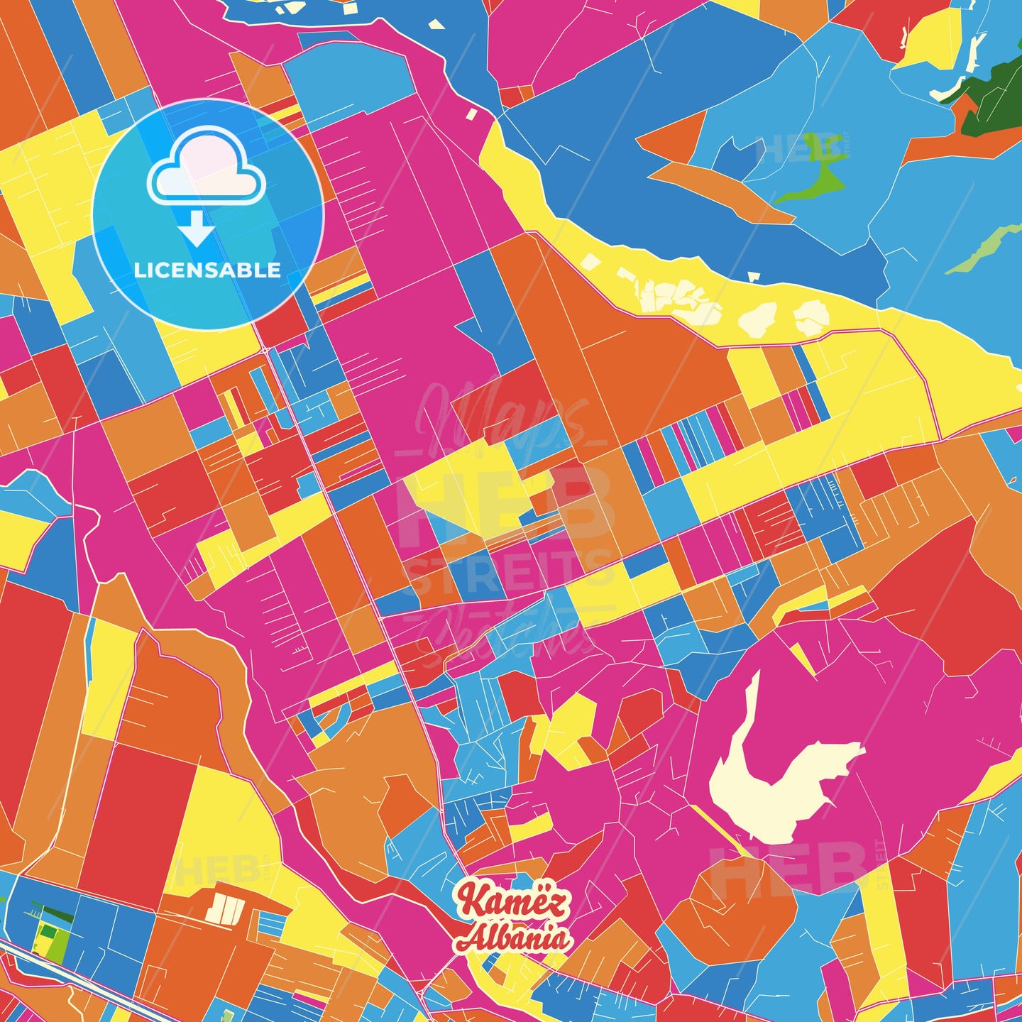 Kamëz, Albania Crazy Colorful Street Map Poster Template - HEBSTREITS Sketches