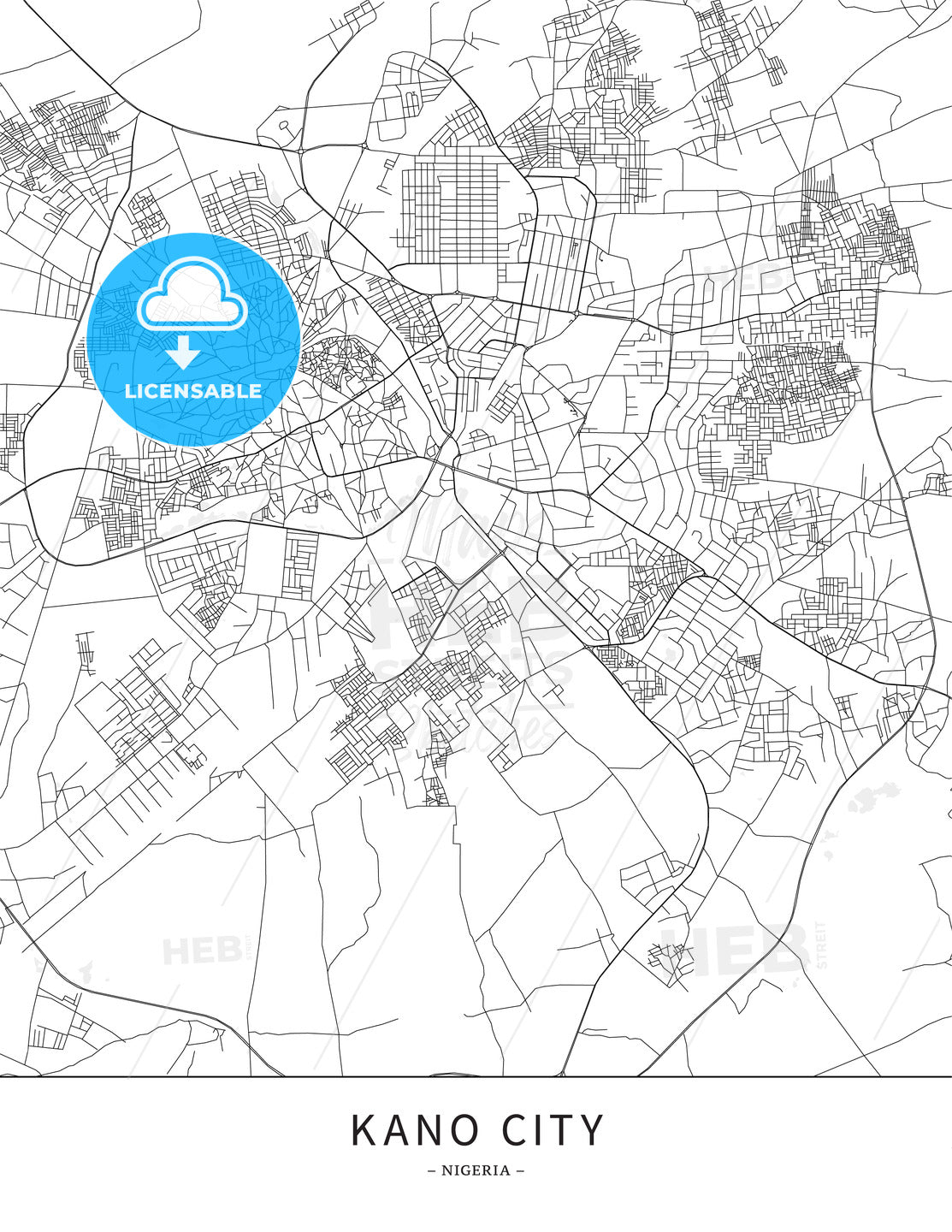 Kano City, Nigeria, Map poster borderless print template - HEBSTREITS