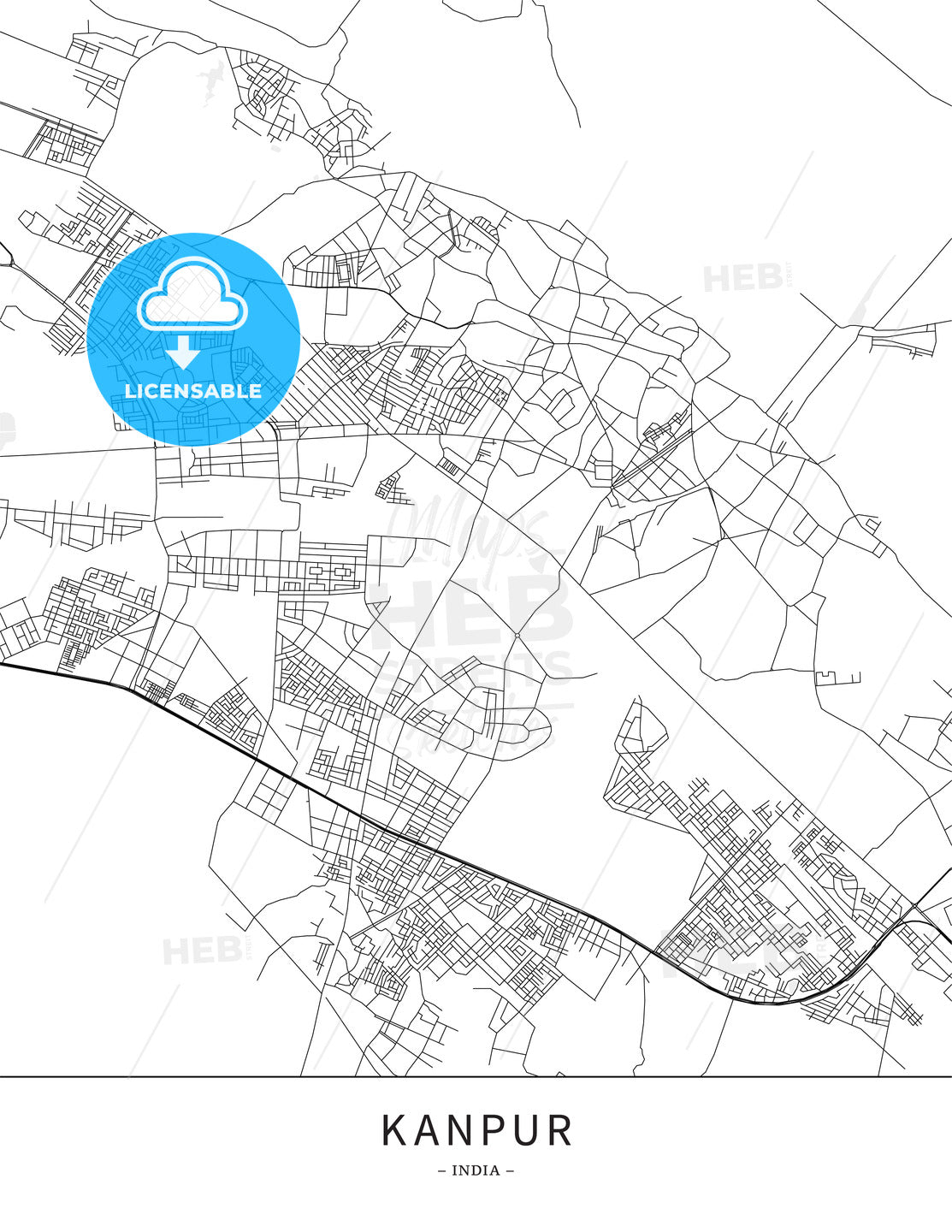 Kanpur, India, Map poster borderless print template - HEBSTREITS