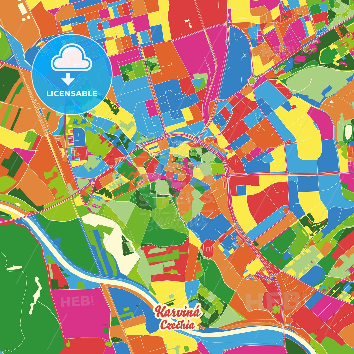 Karviná, Czechia Crazy Colorful Street Map Poster Template - HEBSTREITS Sketches