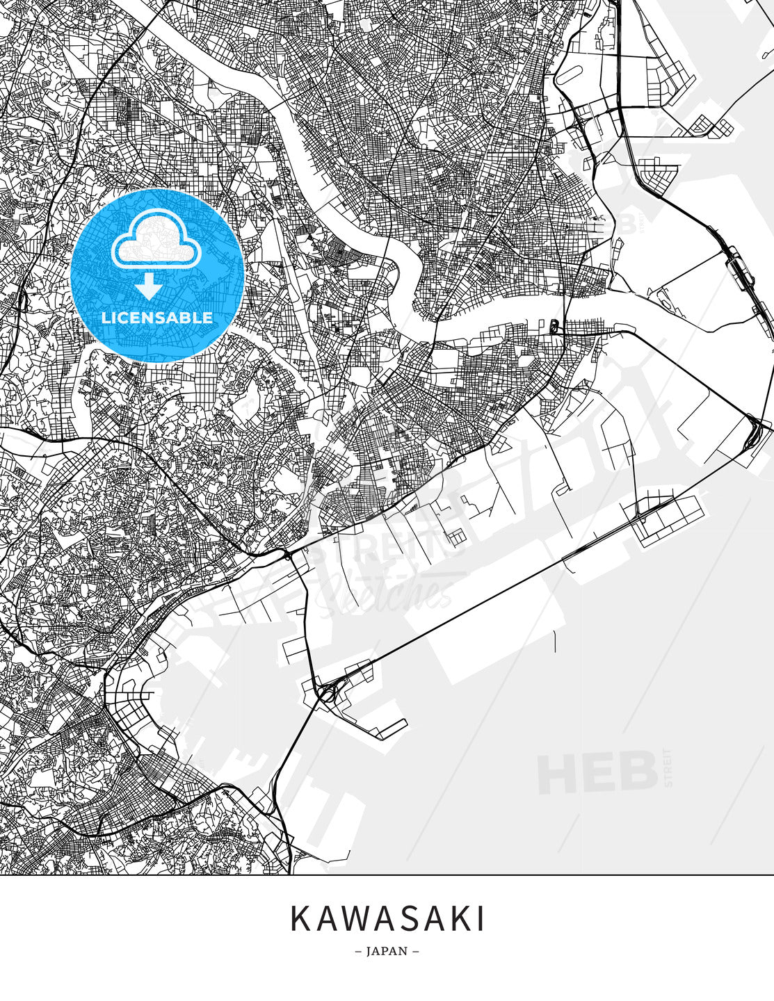 Kawasaki, Japan, Map poster borderless print template - HEBSTREITS
