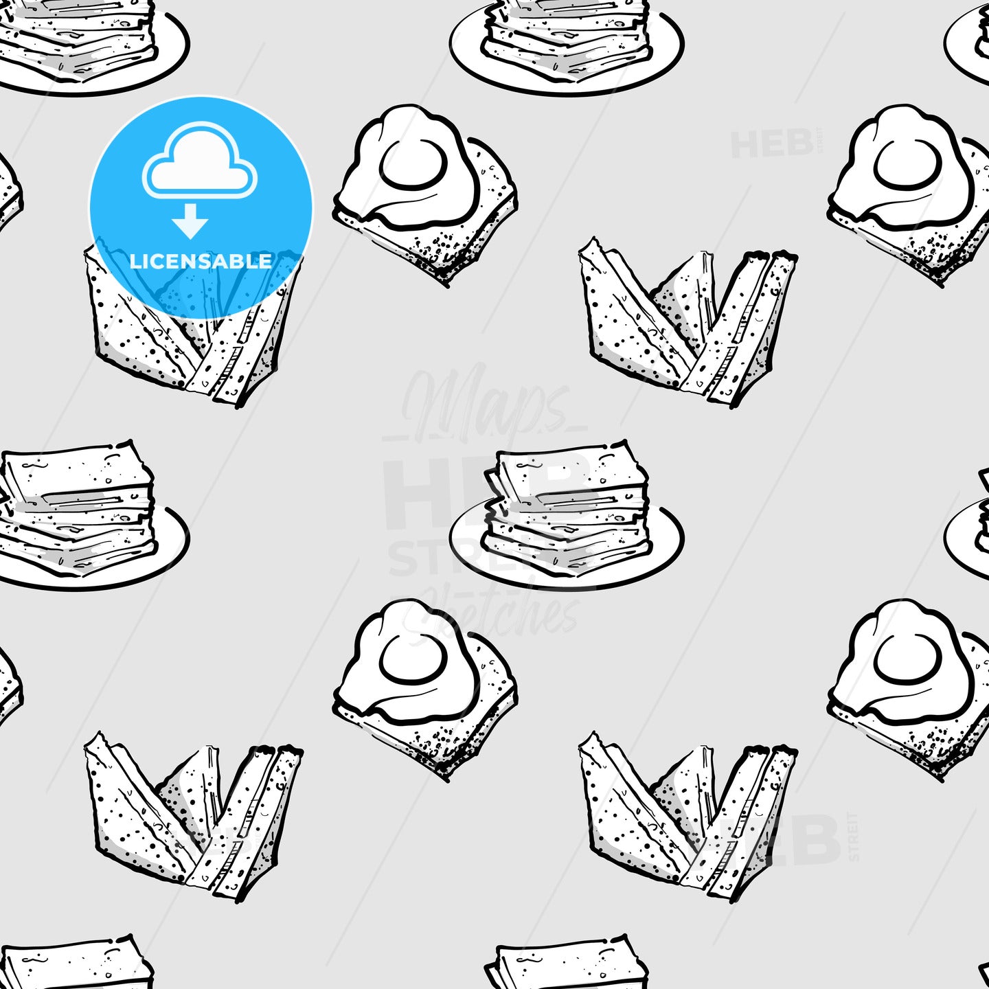Kaya toast seamless pattern greyscale drawing – instant download