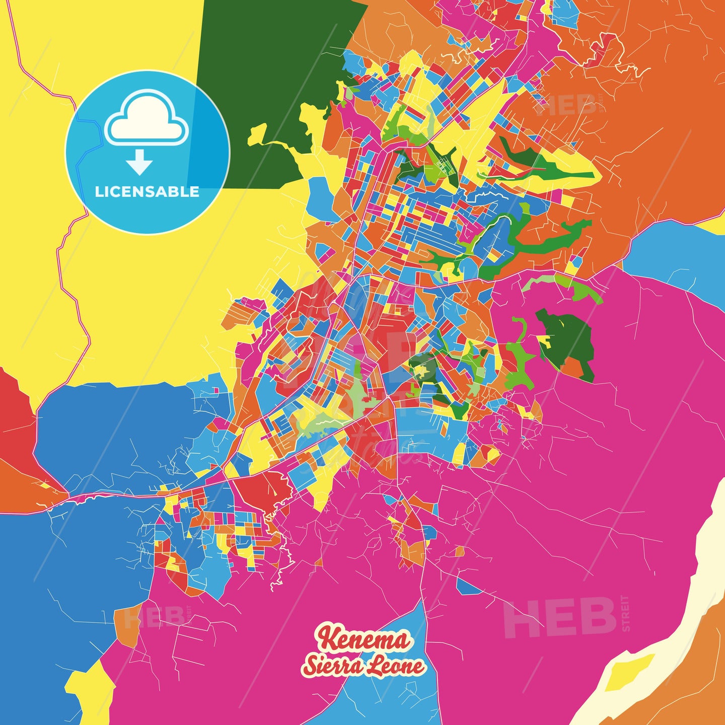 Kenema, Sierra Leone Crazy Colorful Street Map Poster Template - HEBSTREITS Sketches