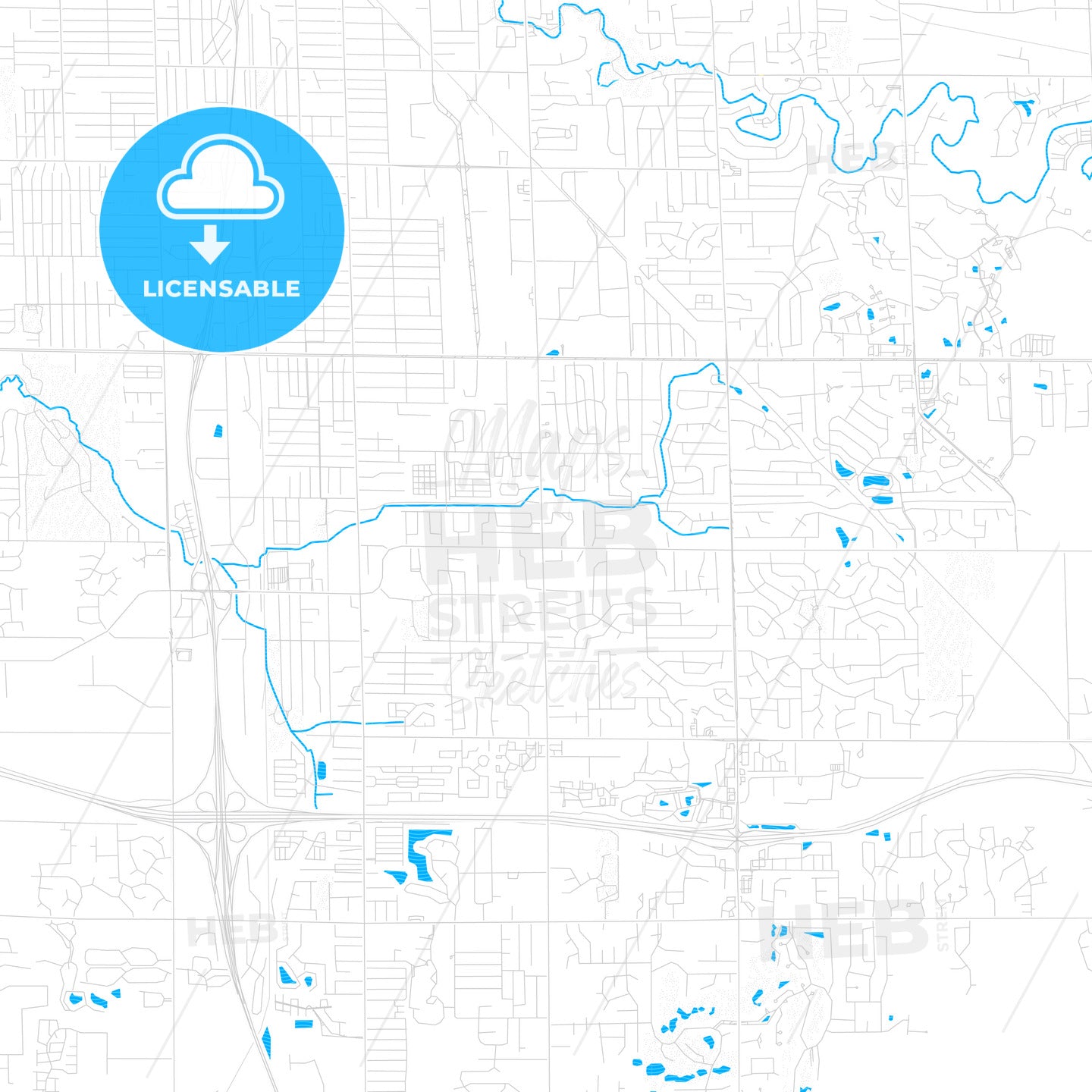 Kentwood, Michigan, United States, PDF vector map with water in focus