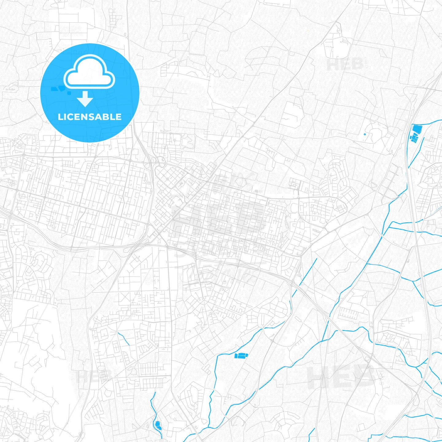 Kfar Saba, Israel PDF vector map with water in focus