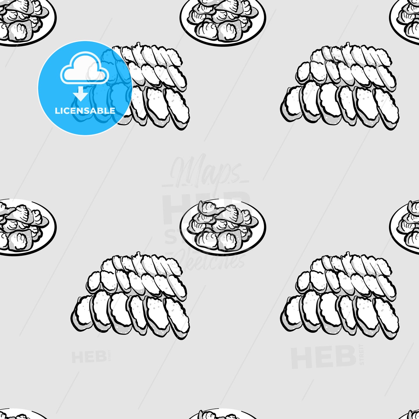 Khanom bueang seamless pattern greyscale drawing – instant download
