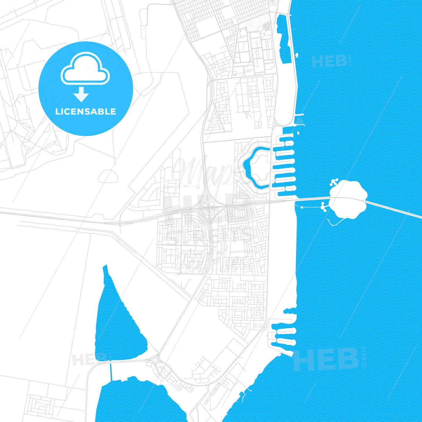 Khobar, Saudi Arabia PDF vector map with water in focus