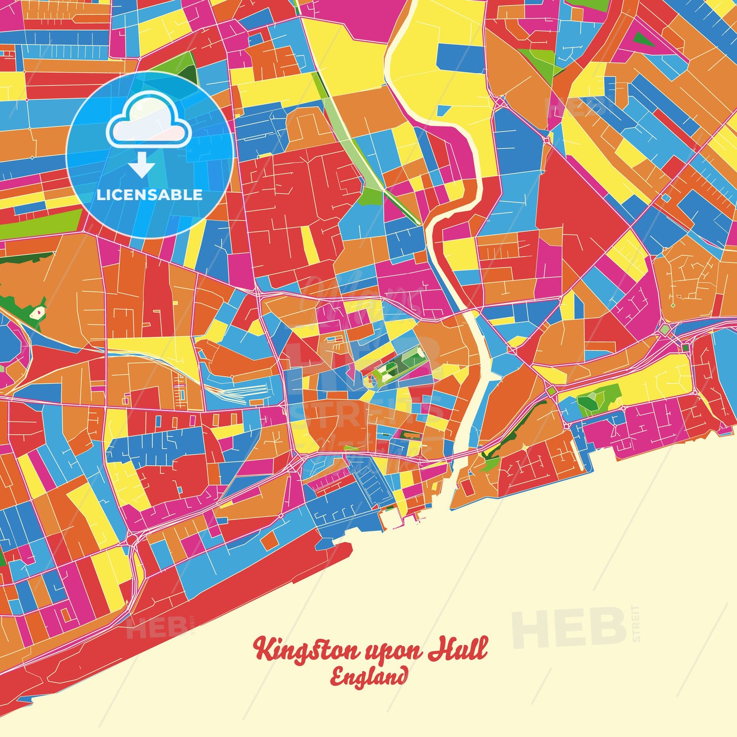Kingston upon Hull, England Crazy Colorful Street Map Poster Template - HEBSTREITS Sketches