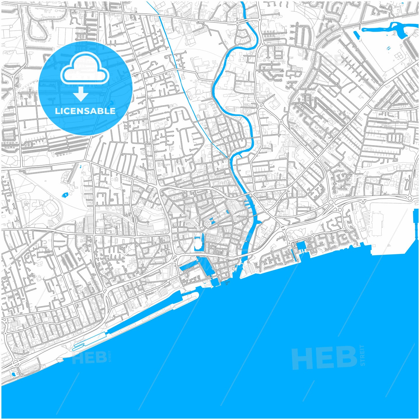 Kingston upon Hull, Yorkshire and the Humber, England, city map with high quality roads.