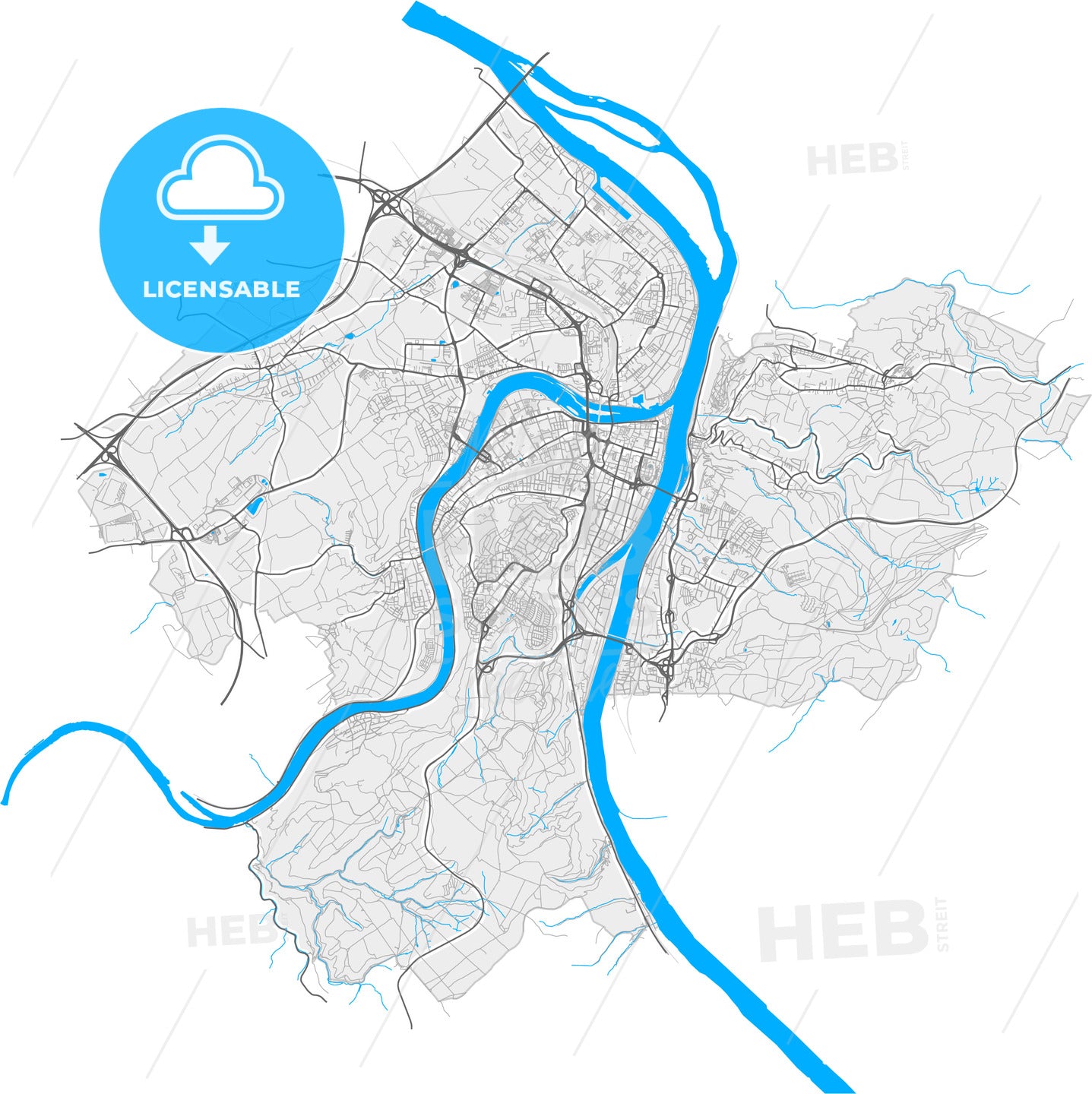 Koblenz, Rheinland-Pfalz, Germany, high quality vector map