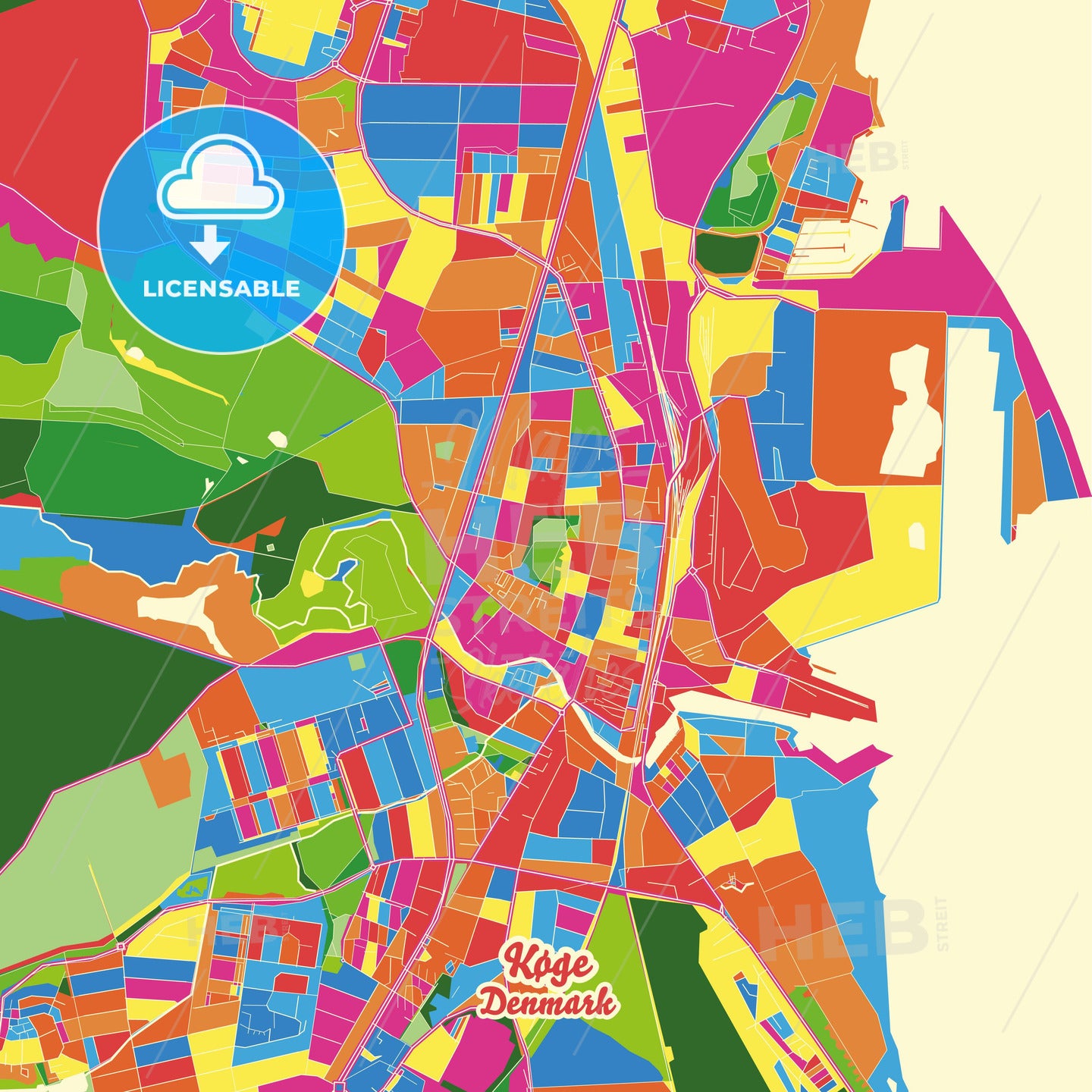 Køge, Denmark Crazy Colorful Street Map Poster Template - HEBSTREITS Sketches