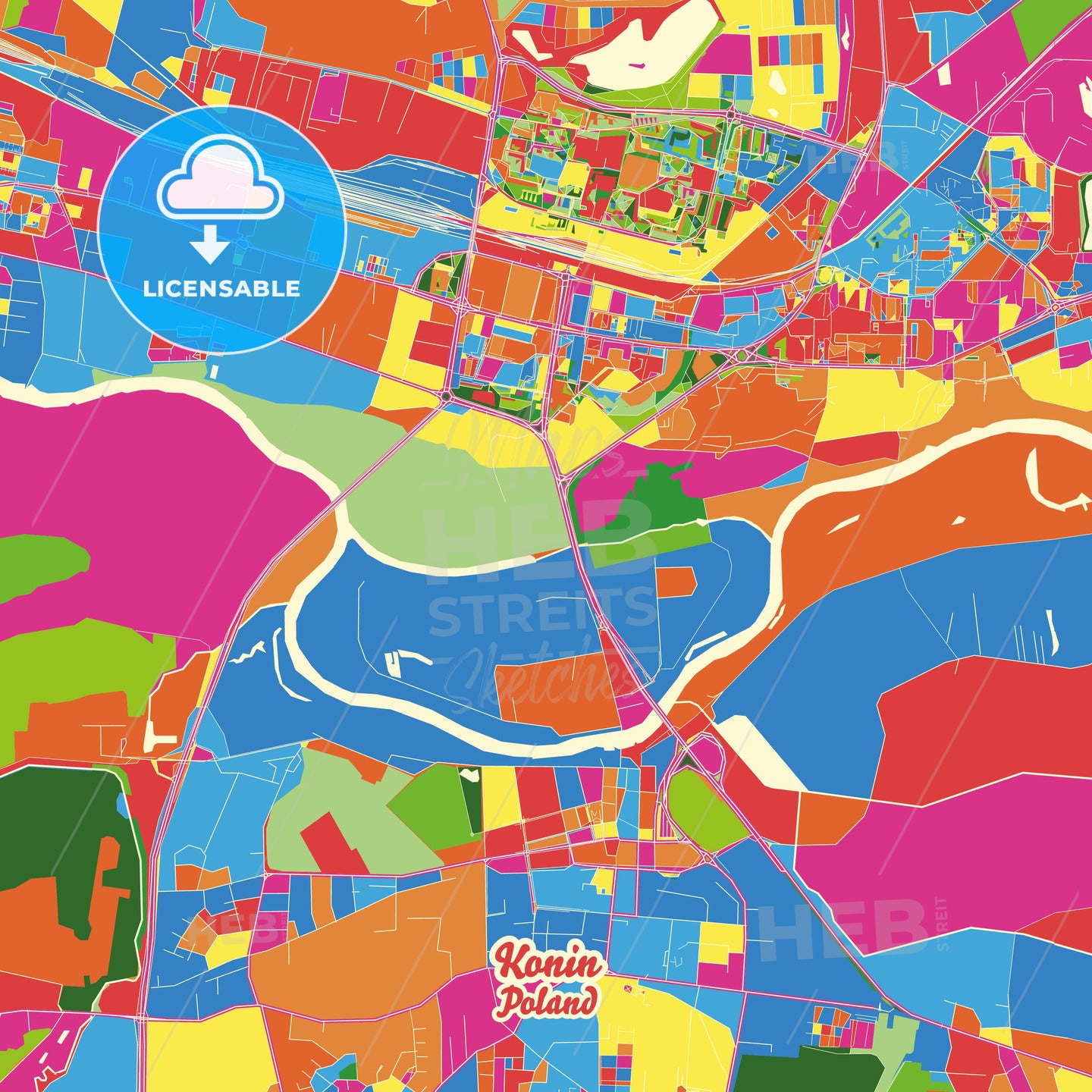 Konin, Poland Crazy Colorful Street Map Poster Template - HEBSTREITS Sketches