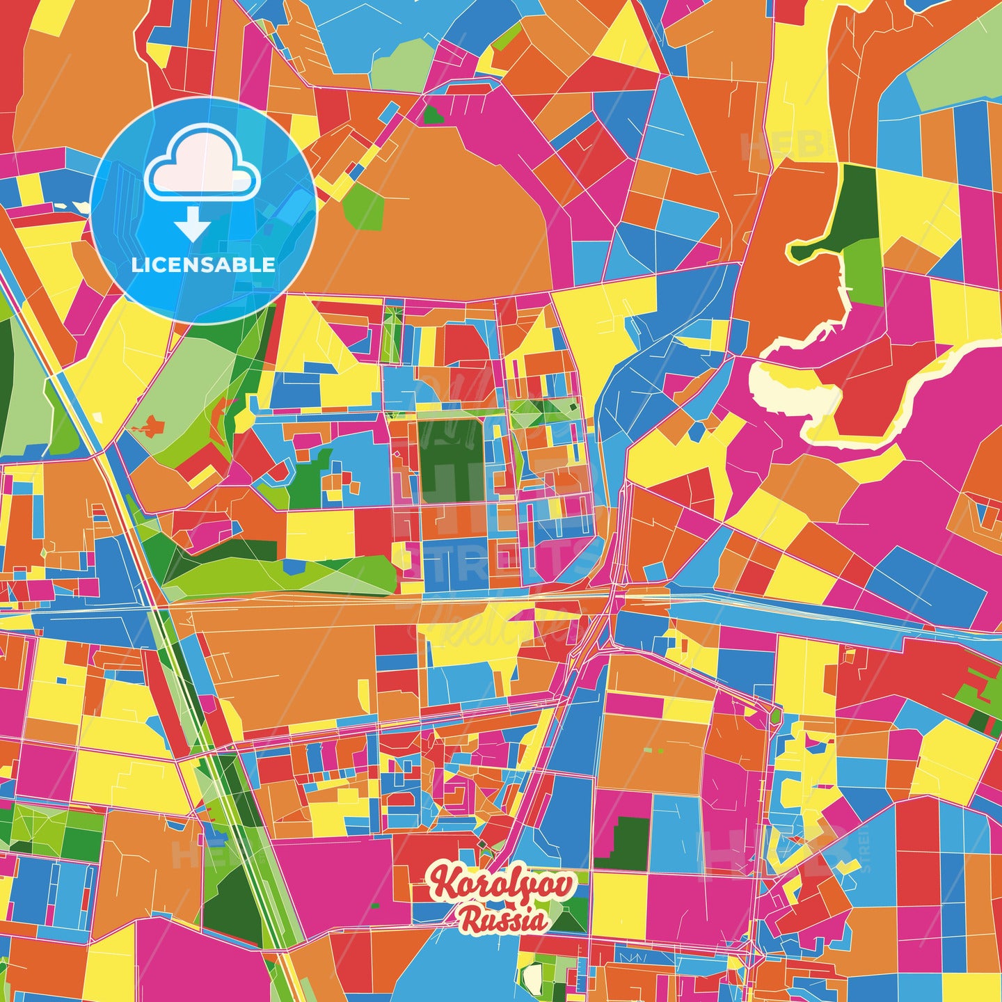 Korolyov, Russia Crazy Colorful Street Map Poster Template - HEBSTREITS Sketches