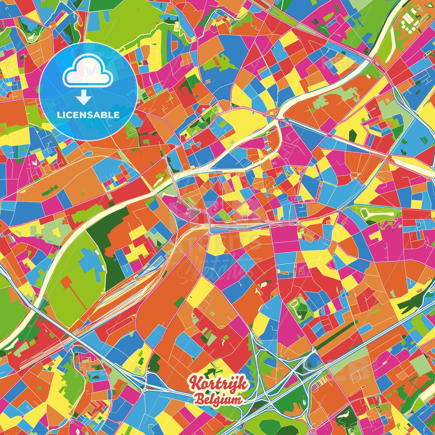 Kortrijk, Belgium Crazy Colorful Street Map Poster Template - HEBSTREITS Sketches