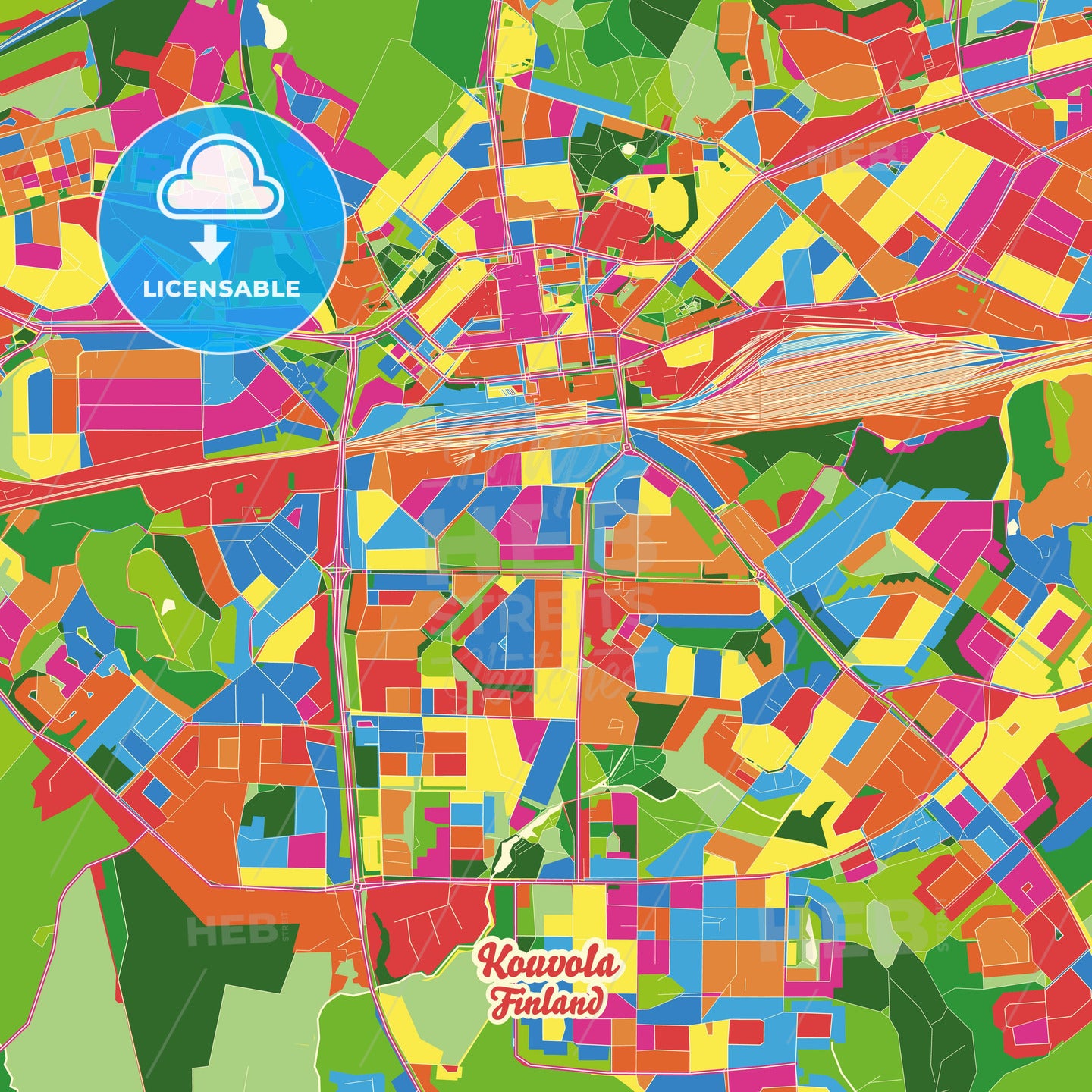 Kouvola, Finland Crazy Colorful Street Map Poster Template - HEBSTREITS Sketches