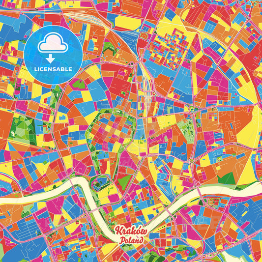 Kraków, Poland Crazy Colorful Street Map Poster Template - HEBSTREITS Sketches