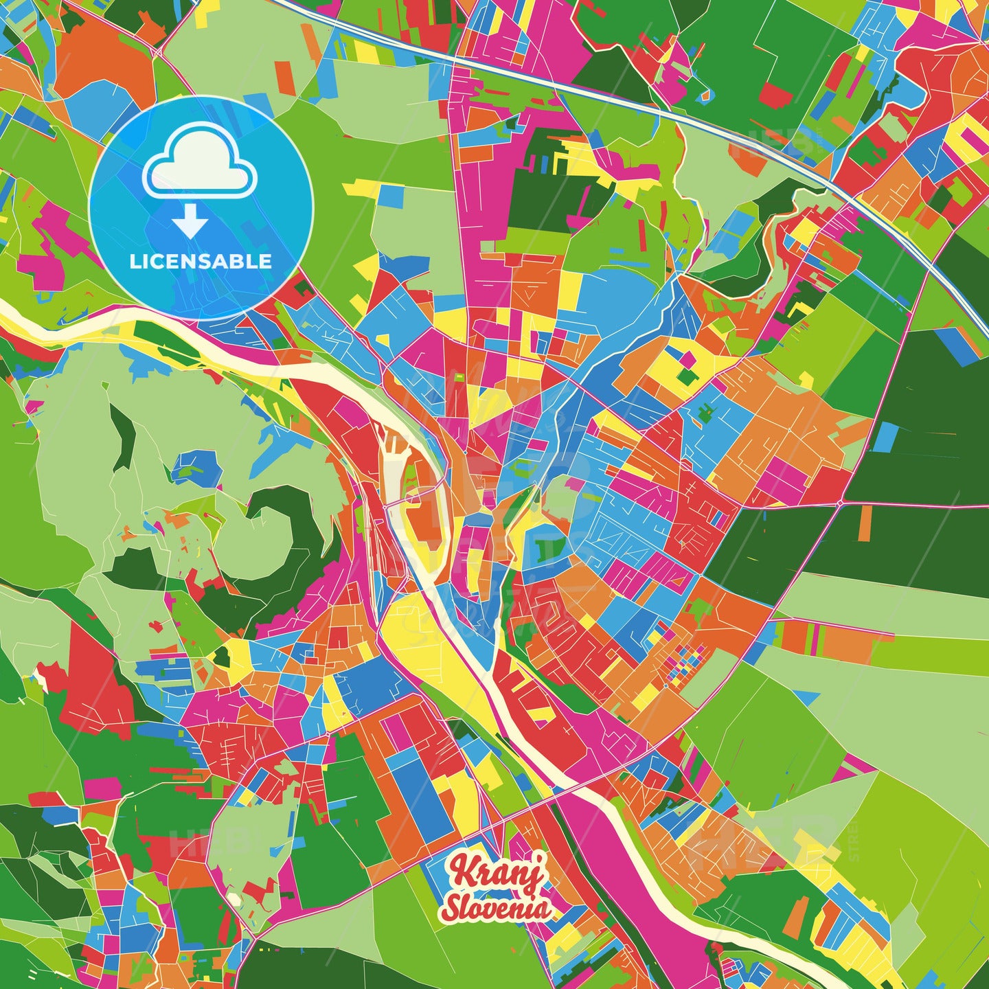 Kranj, Slovenia Crazy Colorful Street Map Poster Template - HEBSTREITS Sketches