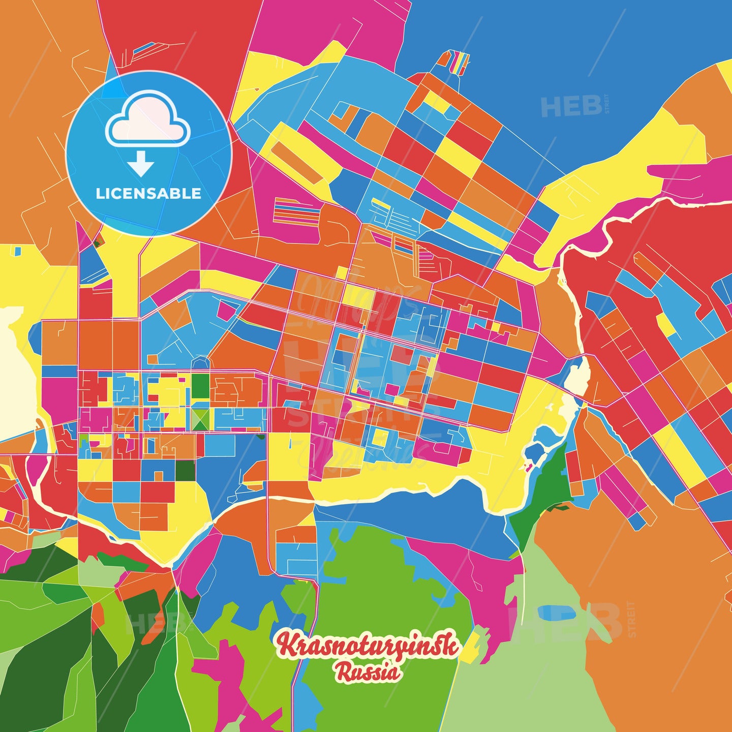 Krasnoturyinsk, Russia Crazy Colorful Street Map Poster Template - HEBSTREITS Sketches