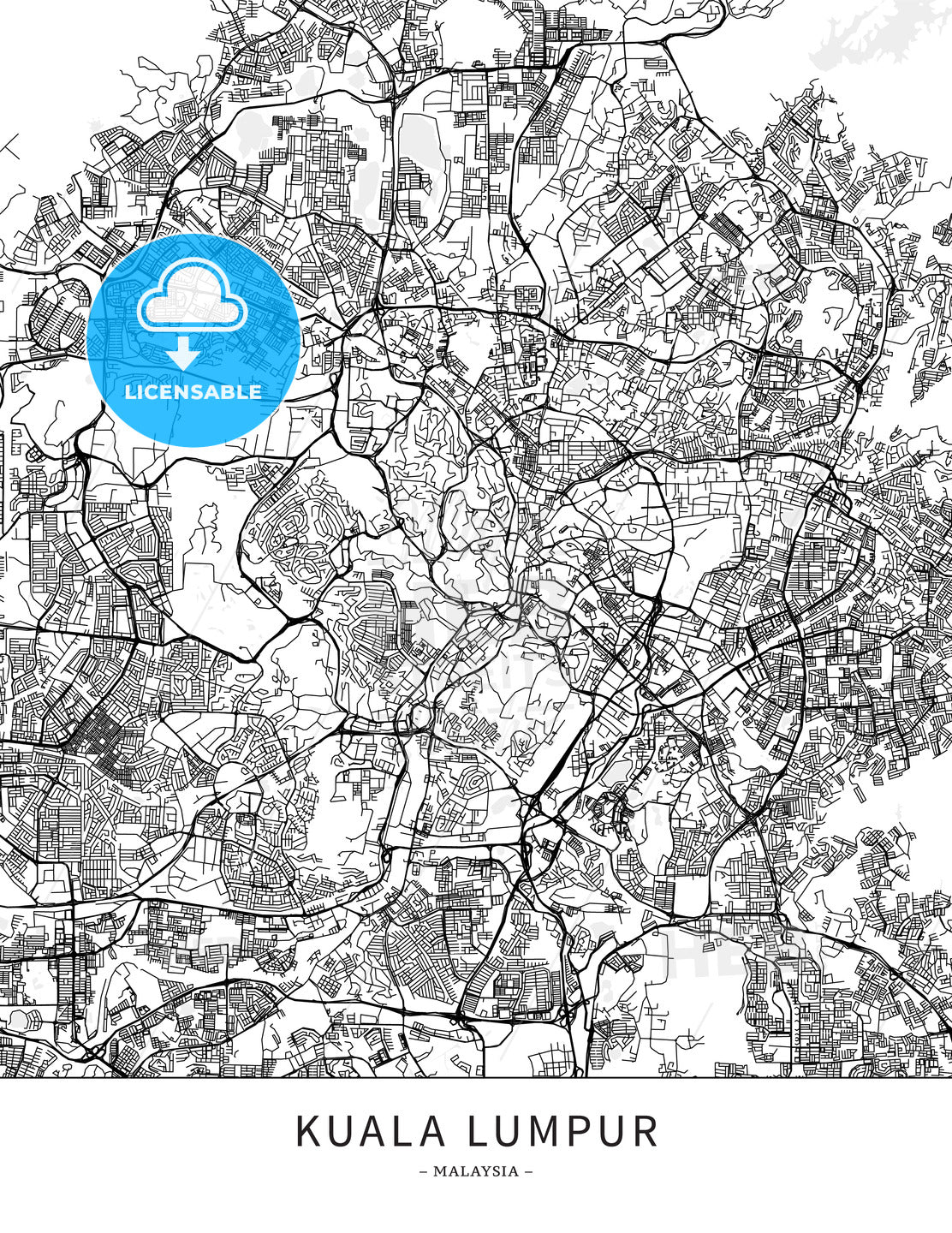 Kuala Lumpur, Malaysia, Map poster borderless print template - HEBSTREITS