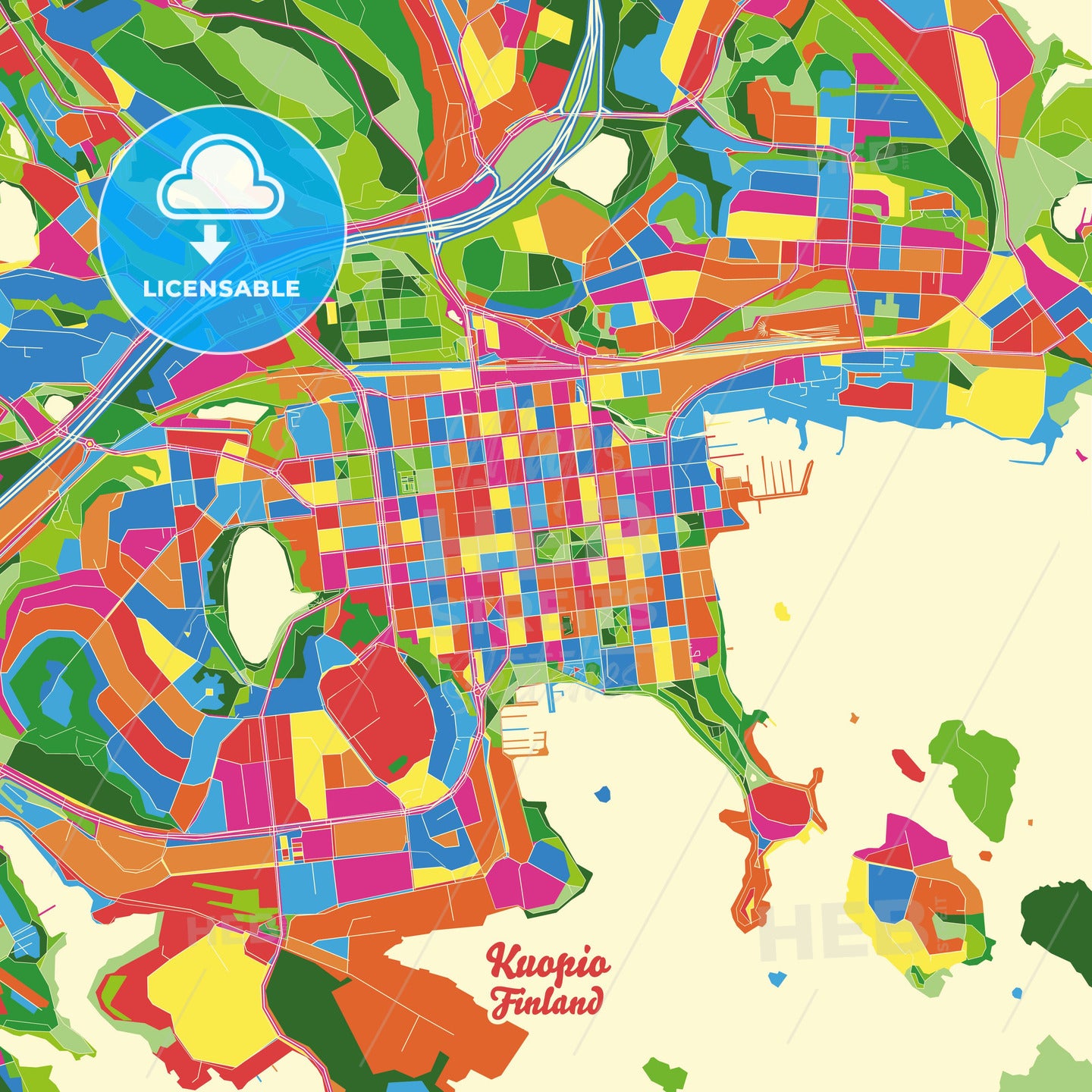 Kuopio, Finland Crazy Colorful Street Map Poster Template - HEBSTREITS Sketches