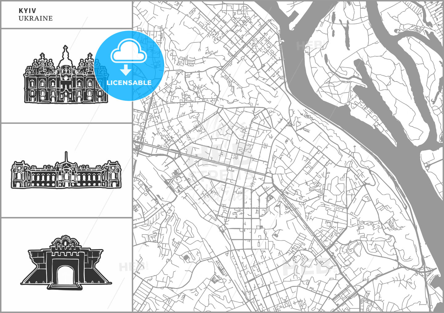 Kyiv city map with hand-drawn architecture icons