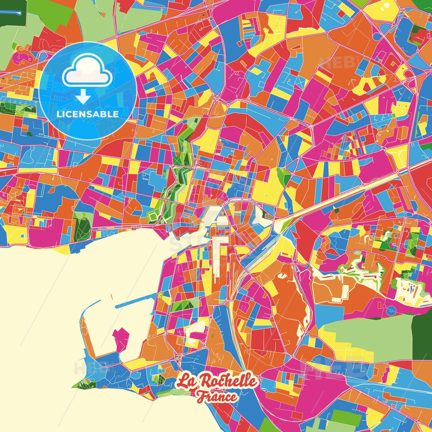 La Rochelle, France Crazy Colorful Street Map Poster Template - HEBSTREITS Sketches