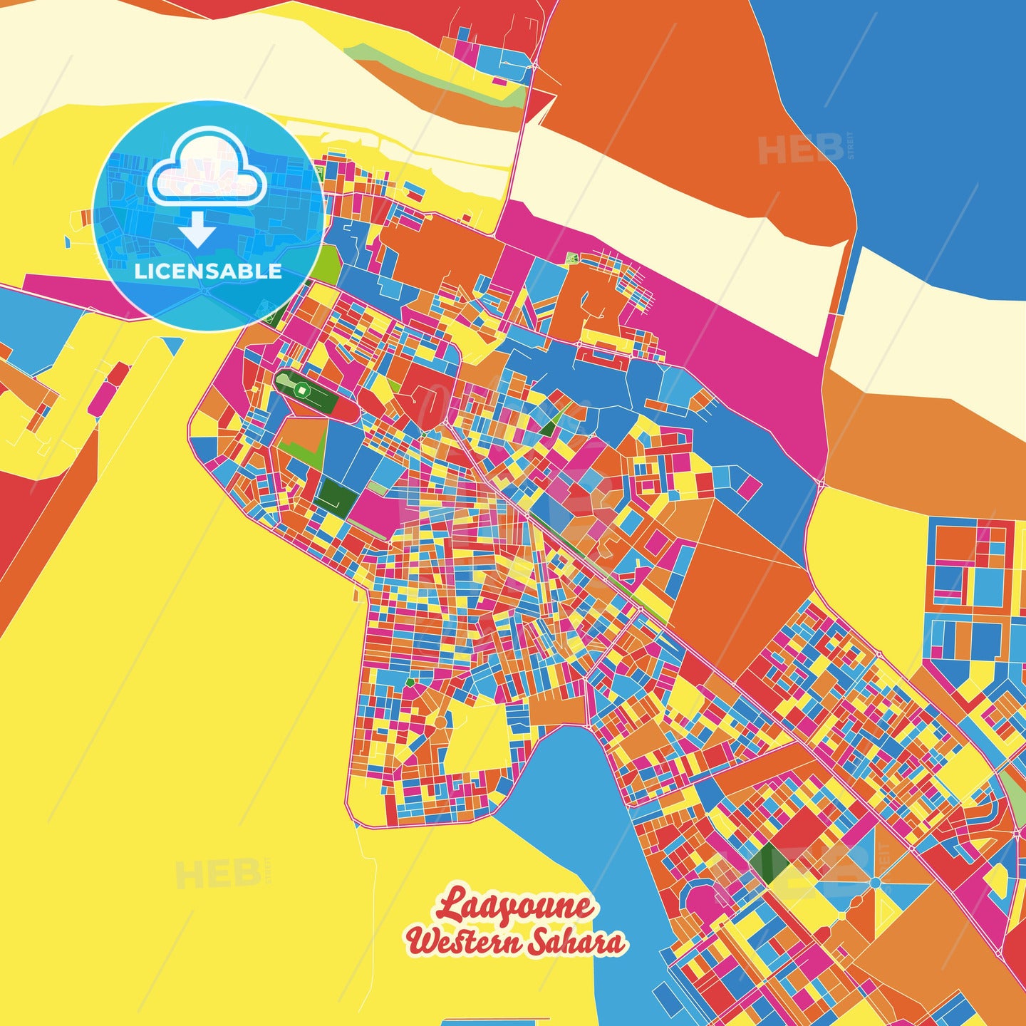 Laayoune, Western Sahara Crazy Colorful Street Map Poster Template - HEBSTREITS Sketches