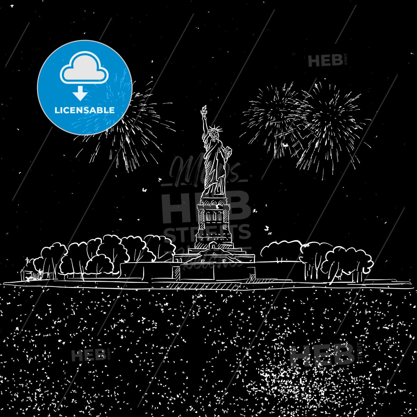 Lady Liberty by Night with Firework Sketch – instant download