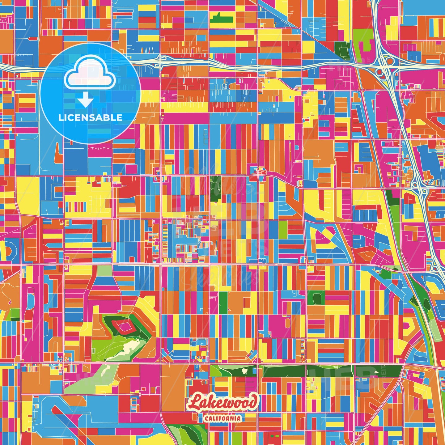 Lakewood, United States Crazy Colorful Street Map Poster Template - HEBSTREITS Sketches