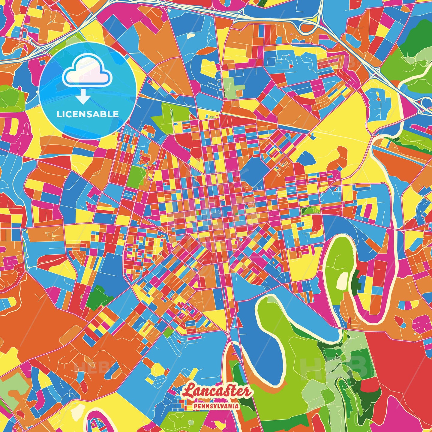 Lancaster, United States Crazy Colorful Street Map Poster Template - HEBSTREITS Sketches