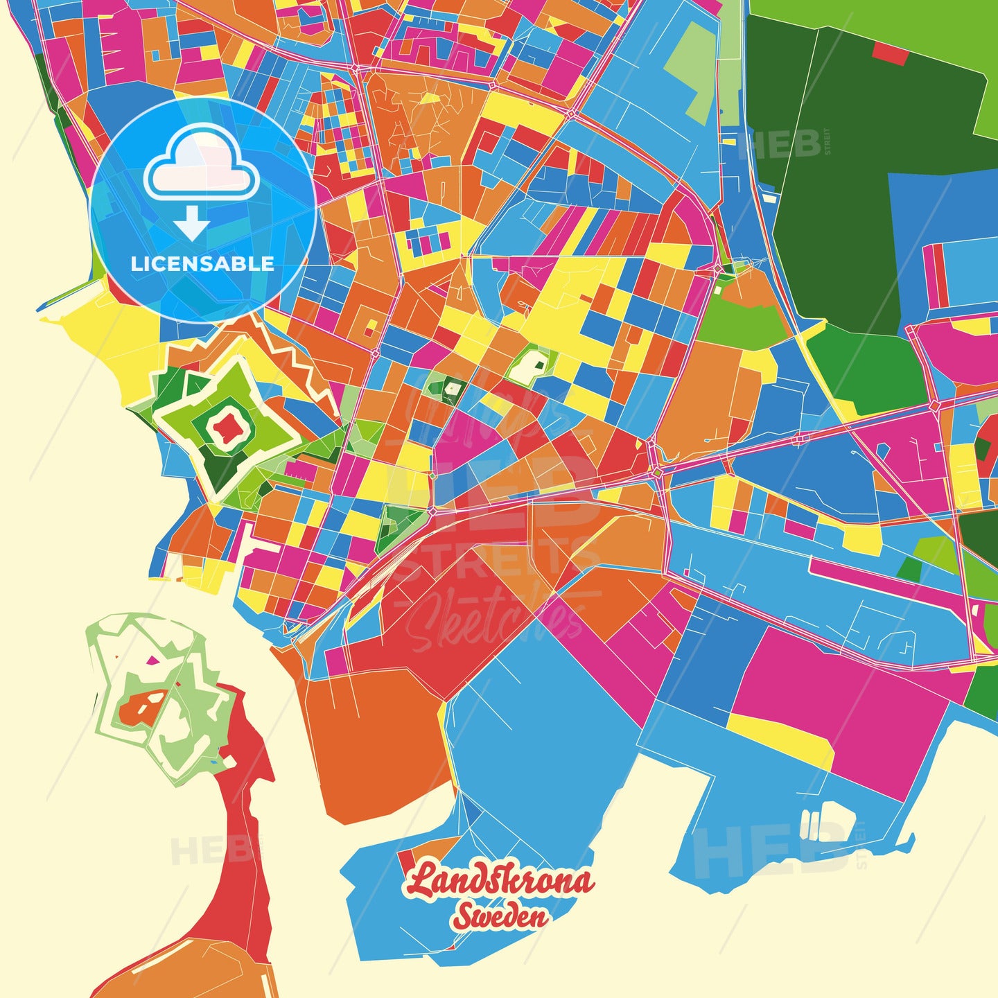 Landskrona, Sweden Crazy Colorful Street Map Poster Template - HEBSTREITS Sketches