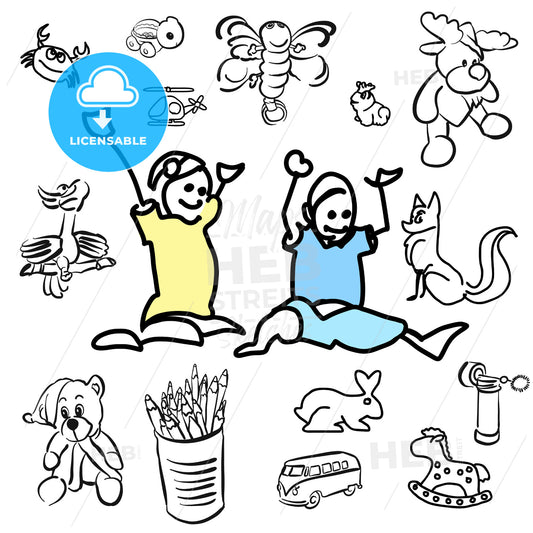 Laughing doodle Kids with sketched Toys – instant download