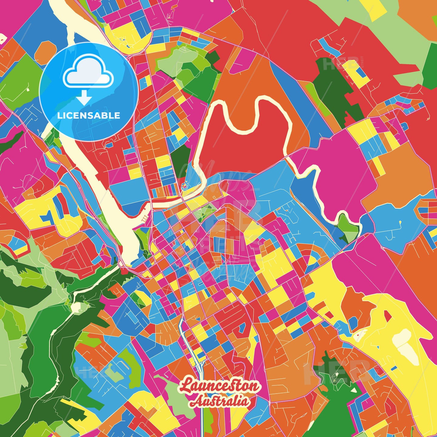 Launceston, Australia Crazy Colorful Street Map Poster Template - HEBSTREITS Sketches